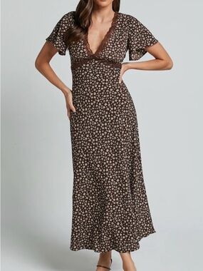 Showpo Vanya Brown Floral Lace-Trim Maxi Dress